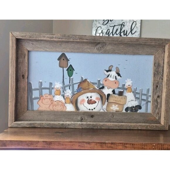 Handmade Primitive Framed Snowman Trio with Snowflakes Snow Picture Decor NEW - Picture 1 of 6